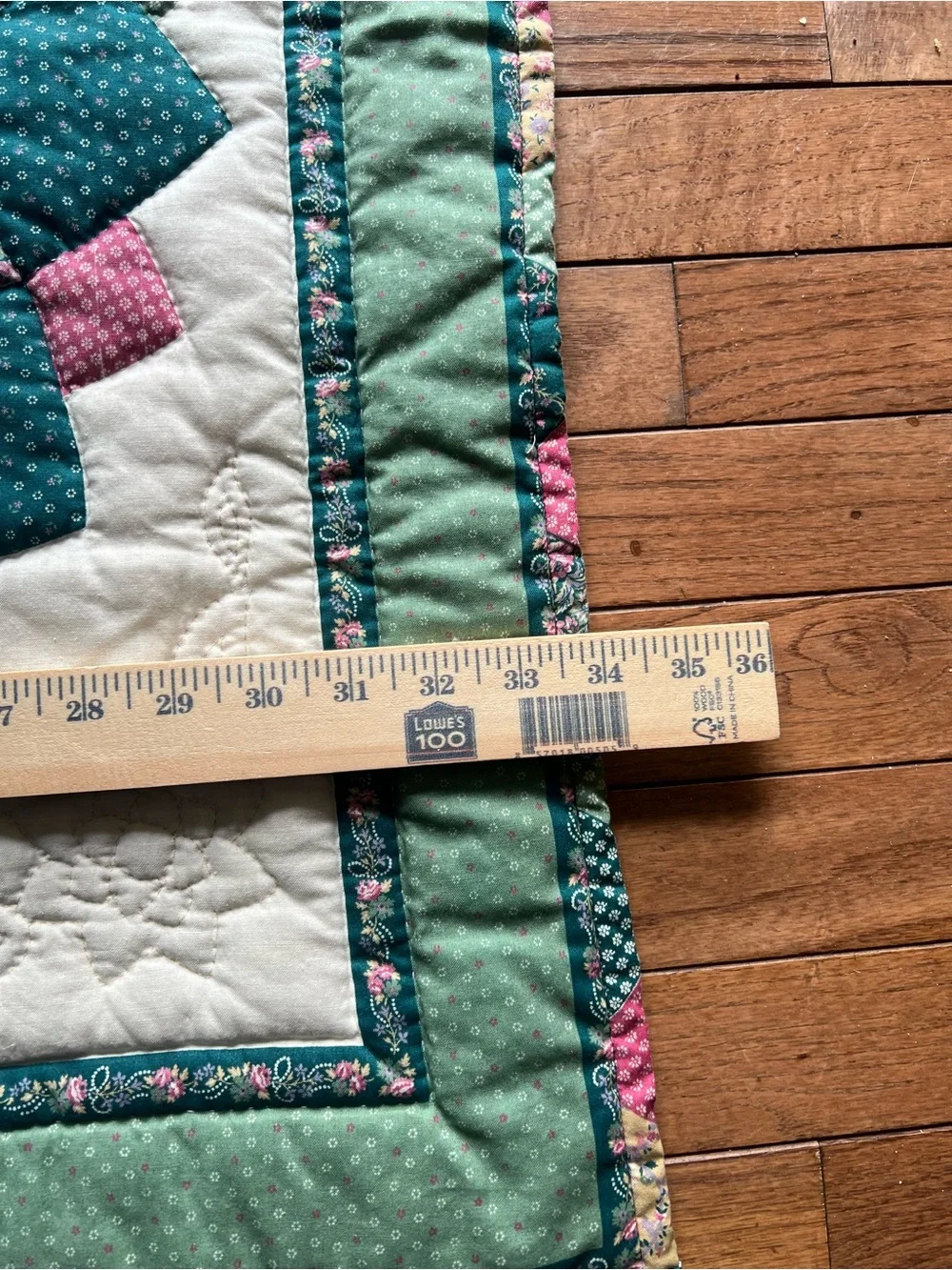 Floral Patchwork Cotton Quilt in Teal, Pink, and Cream wall hanger